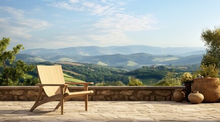 Décor extérieur, terrasse avec fauteuil en bois, vue sur montagnes.