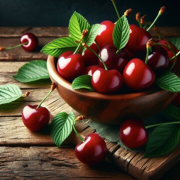 Ripe fresh cherry berries on a branch with a leaf on a wooden rustic background