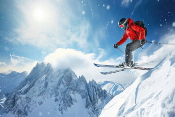 Naklejka na ściany i meble skier jumping in the snow mountains, sport