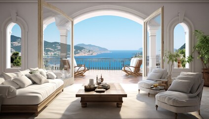 Salon moderne et luxueux avec vue sur la mer. Vacances de rêve.