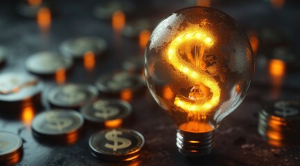 Une ampoule allumée, incandescente en forme de dollar, avec des pièces de monnaie, image avec espace pour texte.