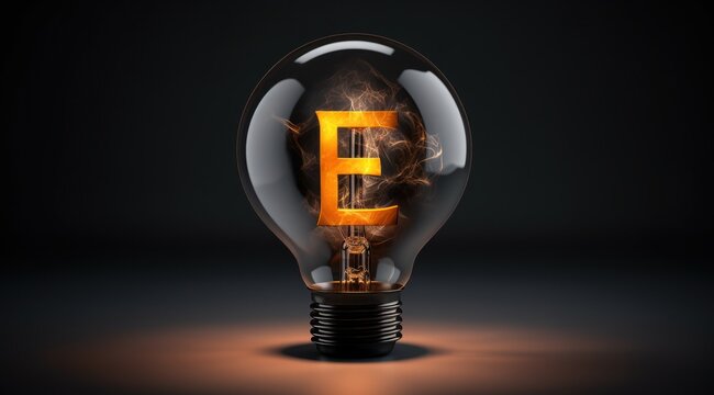 Une ampoule allumée, incandescente montrant la lettre E, image avec espace pour texte.