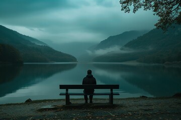 Un homme de dos, assis sur un banc regardant le paysage, lac, forêt et montagnes, ciel brumeux - obrazy, fototapety, plakaty