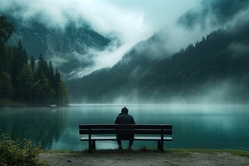 Un homme de dos, assis sur un banc regardant le paysage, lac, forêt et montagnes, ciel brumeux - obrazy, fototapety, plakaty