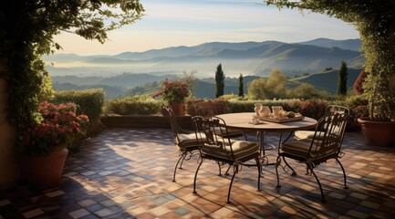 Décor extérieur, terrasse avec table et chaises, vue sur montagnes. - obrazy, fototapety, plakaty
