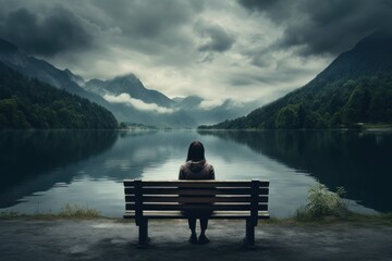 Une femme de dos, assise sur un banc regardant le paysage, lac, forêt et montagnes, ciel brumeux - obrazy, fototapety, plakaty