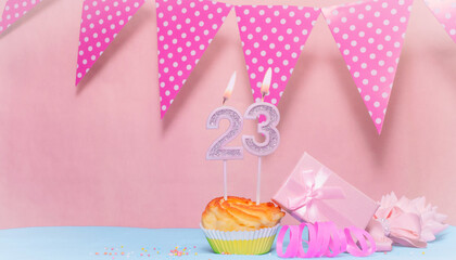 Date of Birth  23. Greeting card in pink shades. Anniversary candle numbers. Happy birthday girl,...