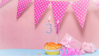 Date of Birth  31. Greeting card in pink shades. Anniversary candle numbers. Happy birthday girl,...