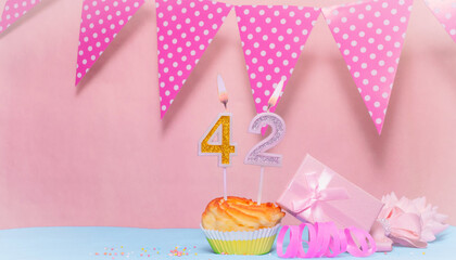 Date of Birth  42. Greeting card in pink shades. Anniversary candle numbers. Happy birthday girl,...