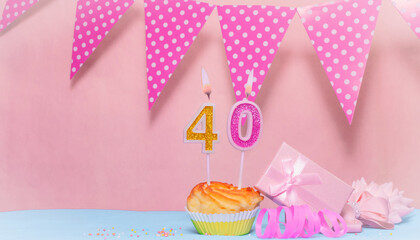 Date of Birth  40. Greeting card in pink shades. Anniversary candle numbers. Happy birthday girl,...