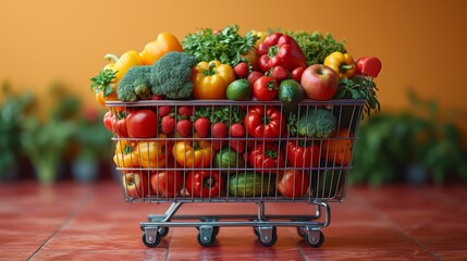 Bountiful Harvest: A Kaleidoscope of Diverse Vegetables Overflowing in a Vibrant Shopping Cart. Generative AI.