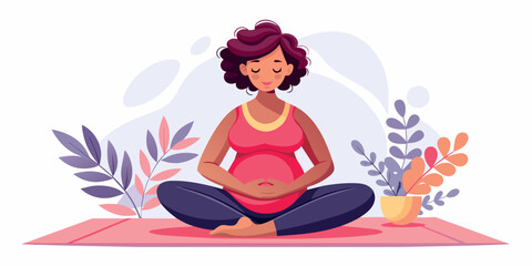 Happy and healthy pregnancy concept. Pregnant woman doing yoga exercises for health and relaxation. Illustration vector isolated on white - 730943406