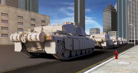 Advancing Armored Forces. Tanks Leading the Way. Group Of Advanced Tanks Moving Forward In The City. War Related 3D Render.