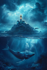midnight over the sea with whale and light house - obrazy, fototapety, plakaty