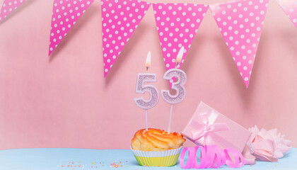 Date of Birth  53. Greeting card in pink shades. Anniversary candle numbers. Happy birthday girl,...