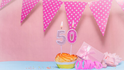 Date of Birth  50. Greeting card in pink shades. Anniversary candle numbers. Happy birthday girl,...