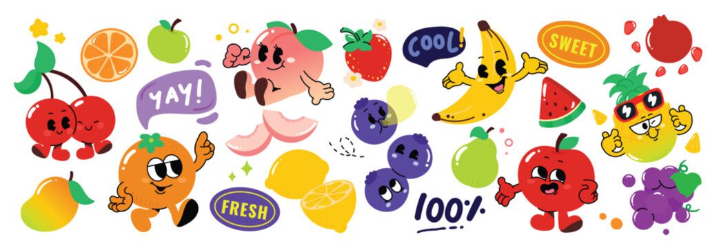 Set of fresh fruit groovy element vector. Funky fruits character design of banana, lemon, apple, strawberry, peach, orange. Summer juicy illustration for branding, sticker, fabric, clipart, ads.