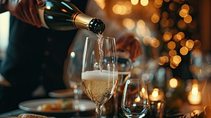 moment as a waiter expertly pours champagne, enhancing the festive atmosphere at a special event with refined service - obrazy, fototapety, plakaty
