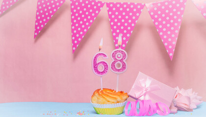 Date of Birth  68. Greeting card in pink shades. Anniversary candle numbers. Happy birthday girl,...