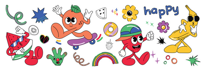 Naklejka premium Set of fresh fruit groovy element vector. Funky fruits character design of banana, orange, strawberry, watermelon. Summer juicy illustration for branding, sticker, fabric, clipart, ads.
