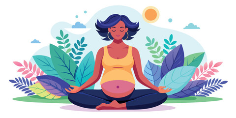 Happy and healthy pregnancy concept. Pregnant woman doing yoga exercises for health and relaxation. Illustration vector isolated on white - 730943833