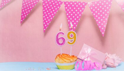 Date of Birth  69. Greeting card in pink shades. Anniversary candle numbers. Happy birthday girl,...