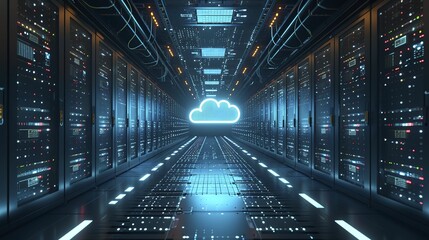 a cloud image in a data center, in the style of futuristic elements, digital mixed media, illuminated interiors, engineering/construction and design, sky-blue and black, transportcore, technology. 