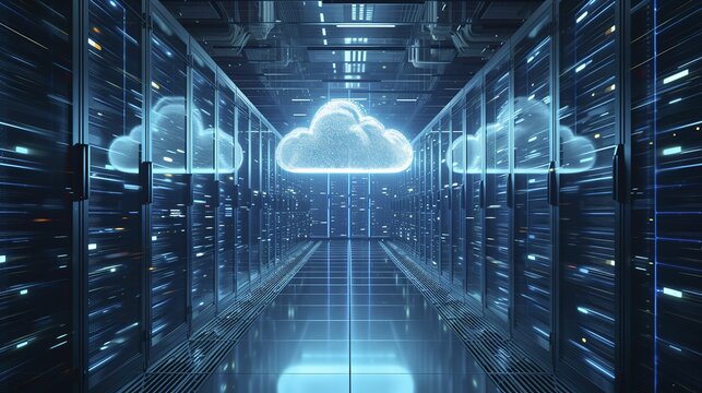 a cloud image in a data center, in the style of futuristic elements, digital mixed media, illuminated interiors, engineering/construction and design, sky-blue and black, transportcore, technology. 