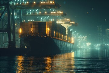 Fototapeta na wymiar a container ship loading with containers at night.
