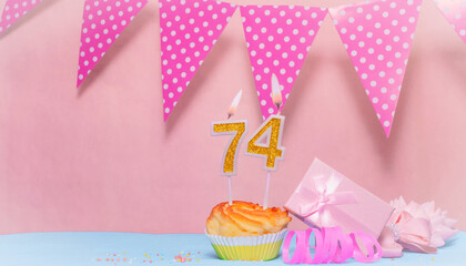 Date of Birth  74. Greeting card in pink shades. Anniversary candle numbers. Happy birthday girl,...
