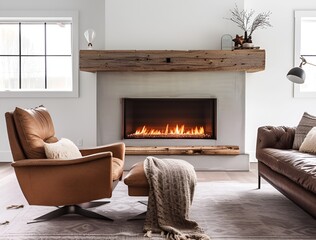 Modern farmhouse simple living room with minimal decor gas fireplace with a raw edge wooden mantel brown leather armchair and sofa