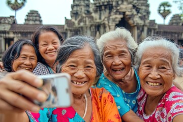 Naklejka premium Group of senior asian female friends taking selfie in Angkor Wat, Siem Reap, Cambodia.