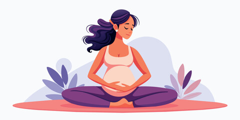 Happy and healthy pregnancy concept. Pregnant woman doing yoga exercises for health and relaxation. Illustration vector isolated on white - 730944079