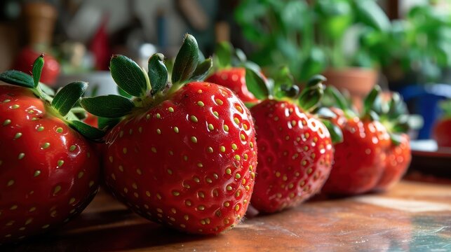 closeup photography Strawberry fruit, showcasing its vibrant red color and sweet appearance, arranged in a kitchen-inspired scene