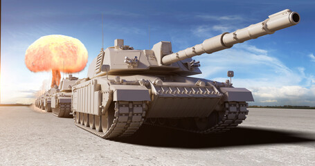 Tanks Clearing the Path Ahead. Enemy Attack. Nuclear Blast. War Related 3D Render. - obrazy, fototapety, plakaty