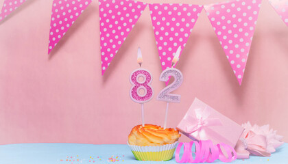 Date of Birth  82. Greeting card in pink shades. Anniversary candle numbers. Happy birthday girl,...