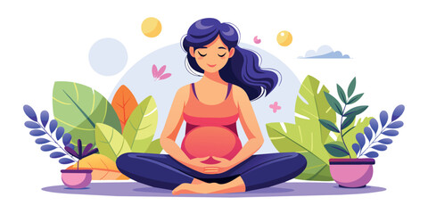 Happy and healthy pregnancy concept. Pregnant woman doing yoga exercises for health and relaxation. Illustration vector isolated on white - 730944220