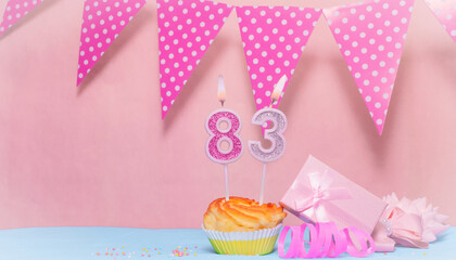 Date of Birth  83. Greeting card in pink shades. Anniversary candle numbers. Happy birthday girl,...