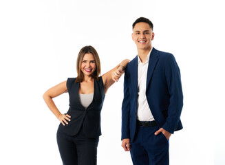 a successful businessman and a successful businesswoman smiling looking at the camera