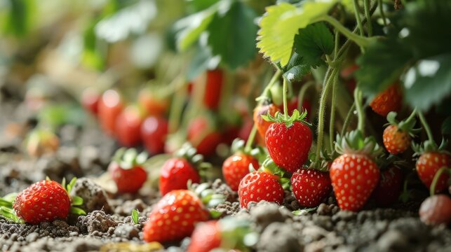 closeup photography Strawberry, capturing its vibrant red color and sweet appearance, arranged in a dollhouse-inspired berry garden scene