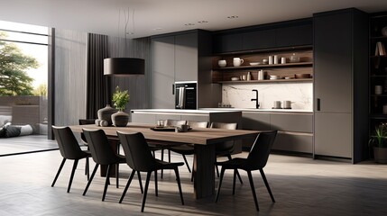 Open drawers and doors in a spacious white and dark grey modern kitchen with a dining table and furniture.