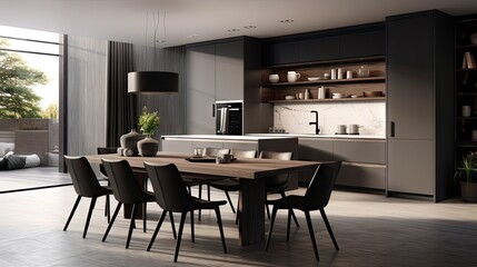 Fototapeta premium Open drawers and doors in a spacious white and dark grey modern kitchen with a dining table and furniture.