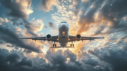 A white passenger plane takes off in the sky, with stunning clouds in the background.