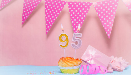 Date of Birth  95. Greeting card in pink shades. Anniversary candle numbers. Happy birthday girl, polka dot garland decoration. Copy space.