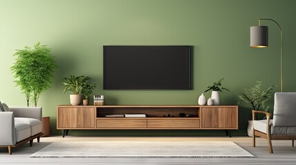 modern living room decor with a TV cabinet against a green wall background.