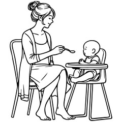 Mother Feed Baby Food Line Drawing.