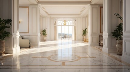 High resolution image of entrance to apartment with white interior and marble flooring.
