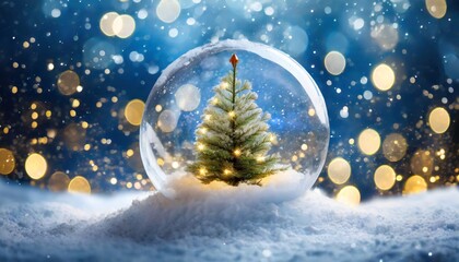 Fototapeta na wymiar christmas tree in glass ball on snow glitter lights