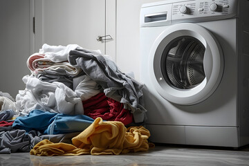 washing machine and clothes, dirty laundry piled up next to a washing machine, symbolizing the concept of laundry and cleanliness - obrazy, fototapety, plakaty