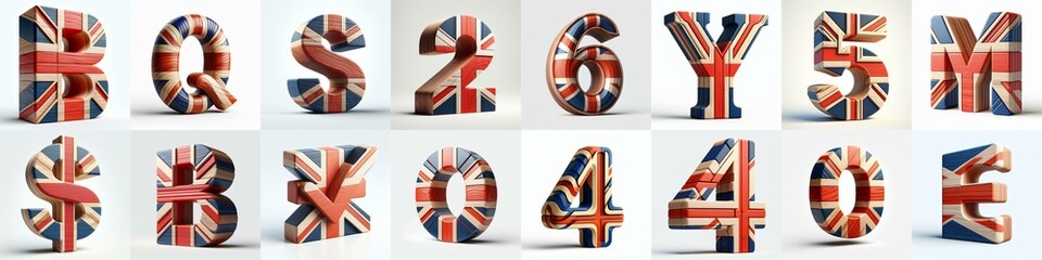 Obraz premium United Kingdom letters shape 3D wooden Lettering Typeface. AI generated illustration